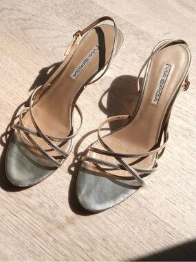 Y2K Via Spiga Metallic Gold Leather Slingback Strappy Kitten Heels